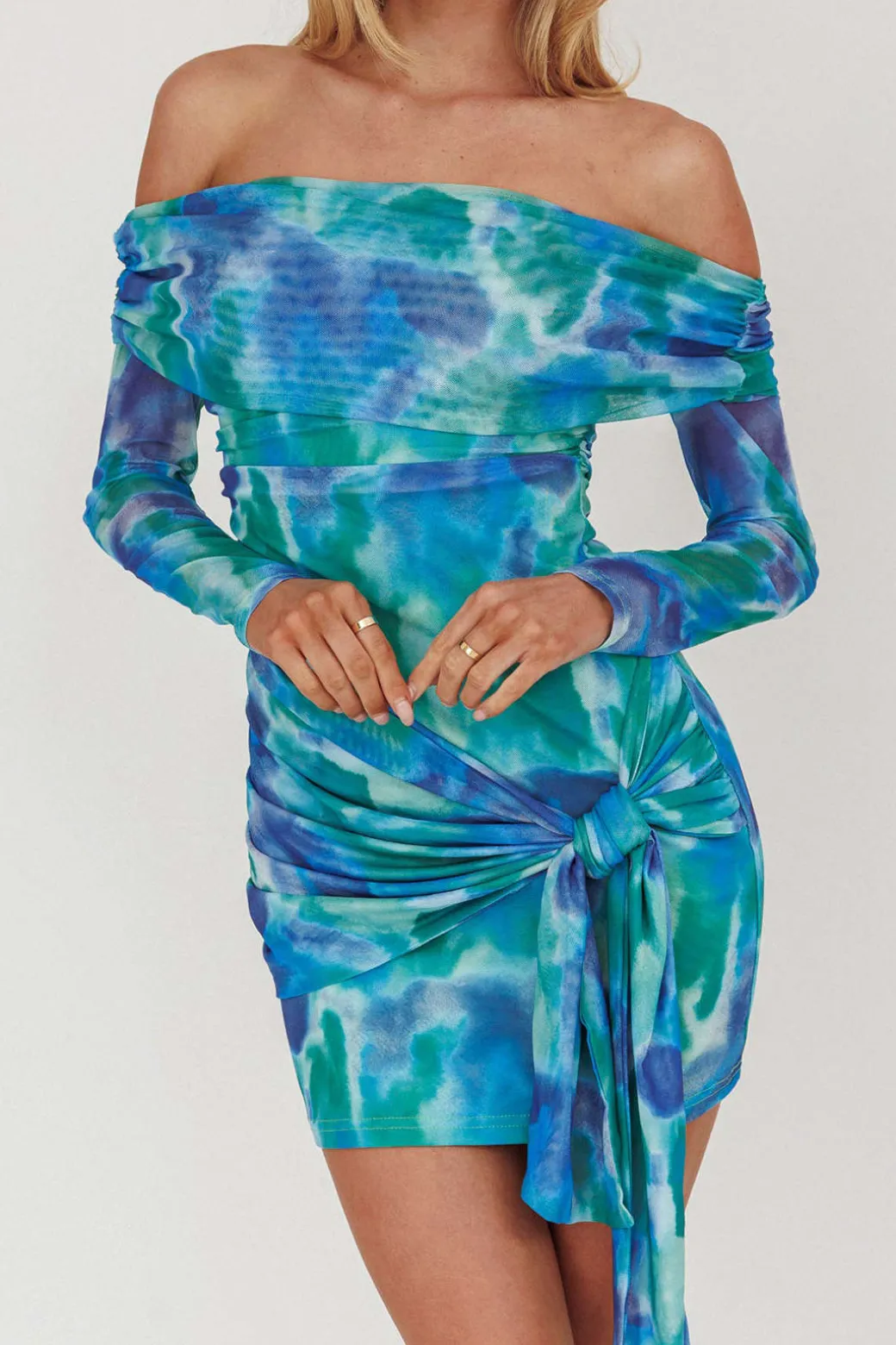 Tie Dye Tie Front Off Shoulder Long Sleeve Mini Dress