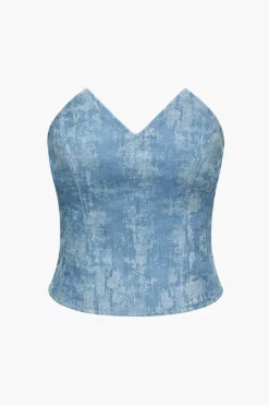 Tie Dye V-neck Denim Strapless Top