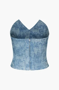Tie Dye V-neck Denim Strapless Top