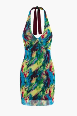Tie Dye V-neck Halter Backless Mini Dress