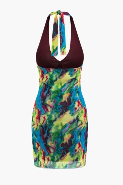 Tie Dye V-neck Halter Backless Mini Dress