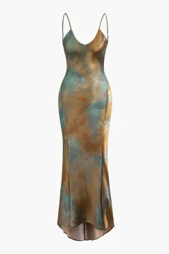 Tie Dye V-neck Satin Maxi Dress