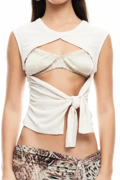 Tie Front Cut Out Ruched Round Neck Tank Top
