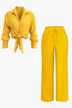 Tie Front Shirt And Wide Leg Pants Set