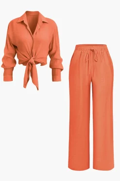 Tie Front Shirt And Wide Leg Pants Set