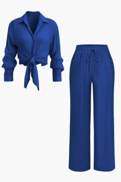 Tie Front Shirt And Wide Leg Pants Set