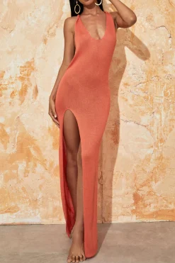 Tie Halter Backless Slit Crochet Knit Midi Dress