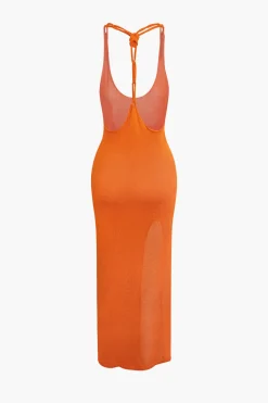Tie Halter Backless Slit Crochet Knit Midi Dress
