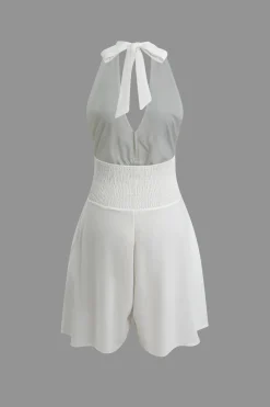 Tie Halter Knot Backless Pleated Romper