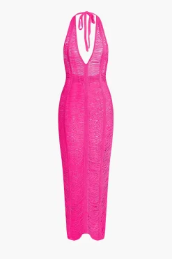 Tie Halter V-neck Backless Distressed Ladder Knit Maxi Dress