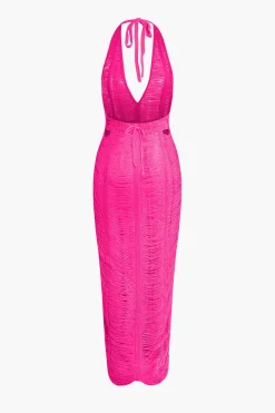 Tie Halter V-neck Backless Distressed Ladder Knit Maxi Dress