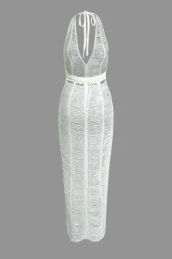 Tie Halter V-neck Backless Distressed Ladder Knit Maxi Dress