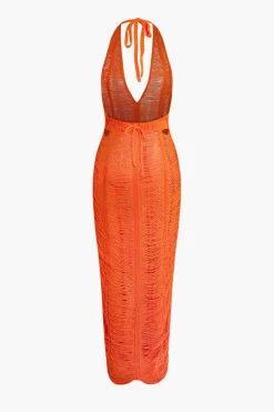 Tie Halter V-neck Backless Distressed Ladder Knit Maxi Dress