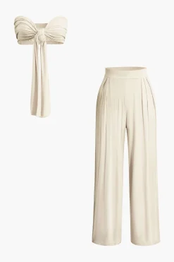 Tie Knot Front Ruched Tube Top And Pleated Wide Leg Pants
