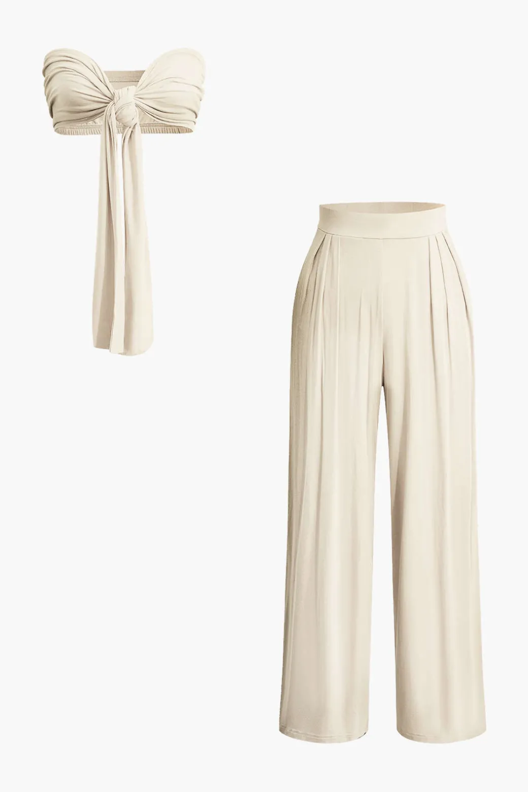 Tie Knot Front Ruched Tube Top And Pleated Wide Leg Pants