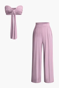 Tie Knot Front Ruched Tube Top And Pleated Wide Leg Pants