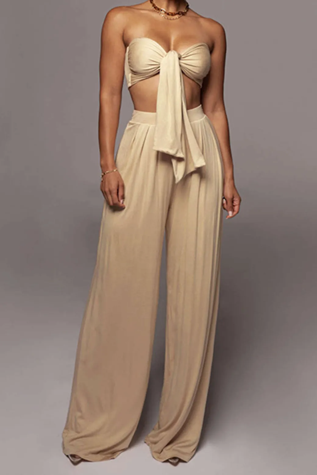 Tie Knot Front Ruched Tube Top And Pleated Wide Leg Pants