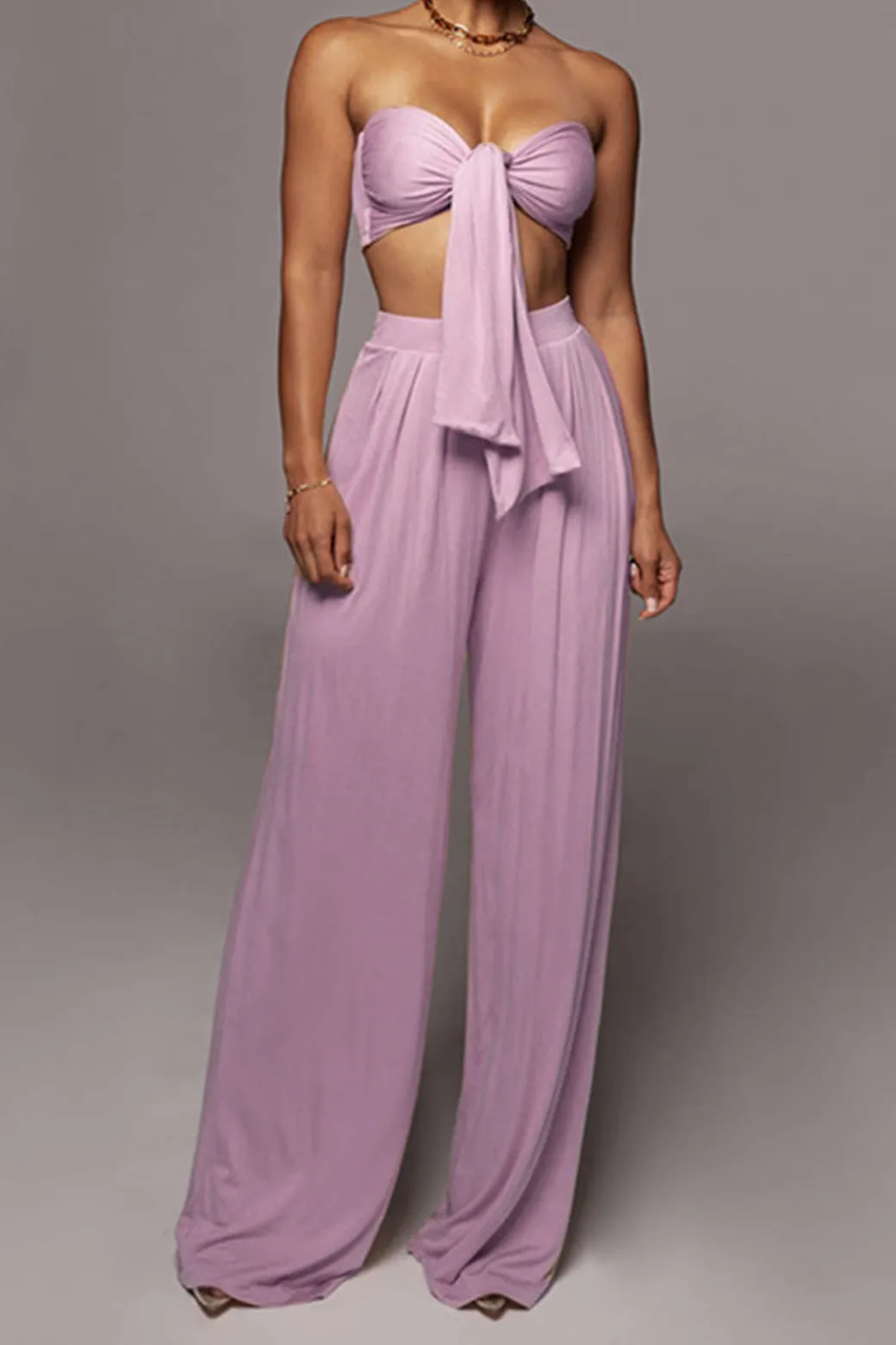 Tie Knot Front Ruched Tube Top And Pleated Wide Leg Pants