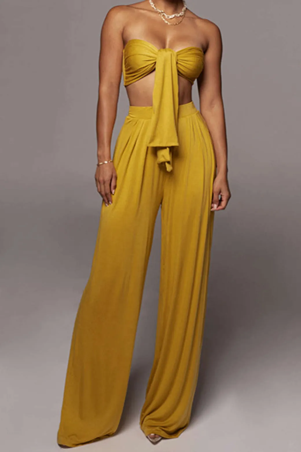 Tie Knot Front Ruched Tube Top And Pleated Wide Leg Pants