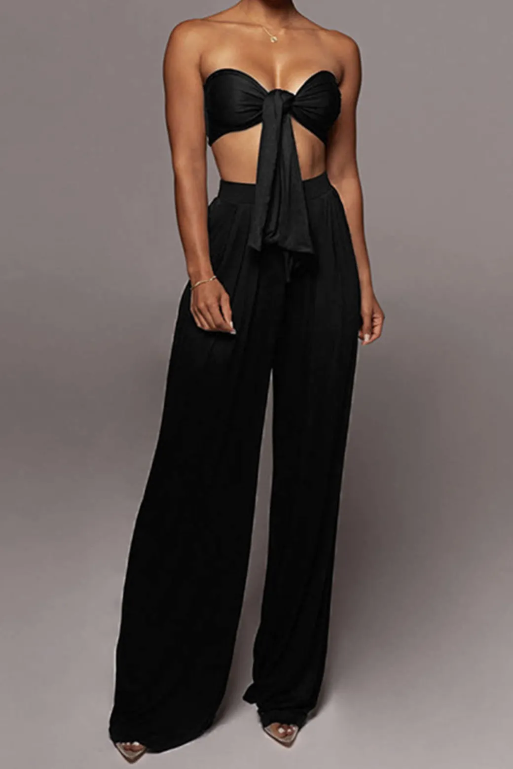 Tie Knot Front Ruched Tube Top And Pleated Wide Leg Pants