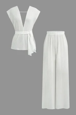 Tie Waist V-Neck Pants Set