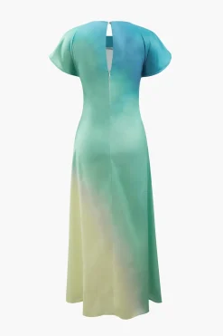 Tie-Dye Satin Cap Sleeve Maxi Dress