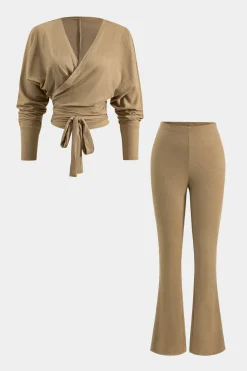 Tie-Up Asymmetrical V-Neck Long-Sleeve And Trousers Set