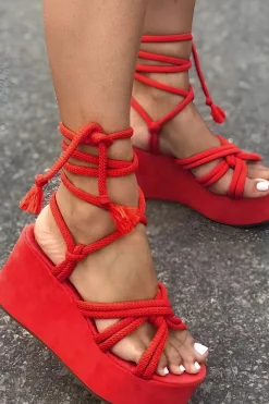 Tie-Up Open Toe Platform Flats Sandals