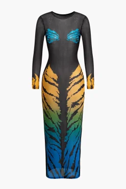 Tiger Print Mesh Sheer Round Neck Midi Dress