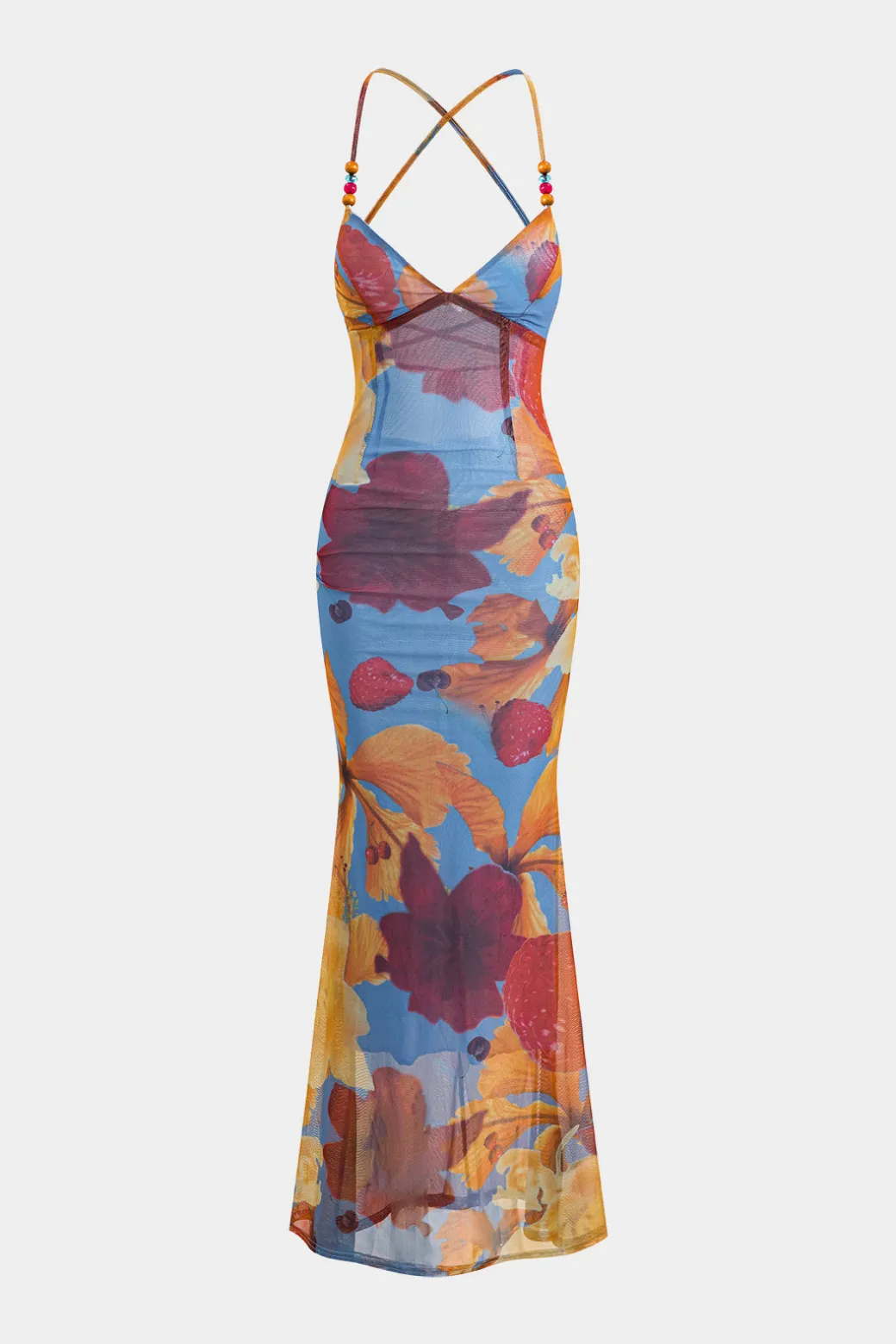 Tropical Floral Print Mesh Backless Maxi Dress