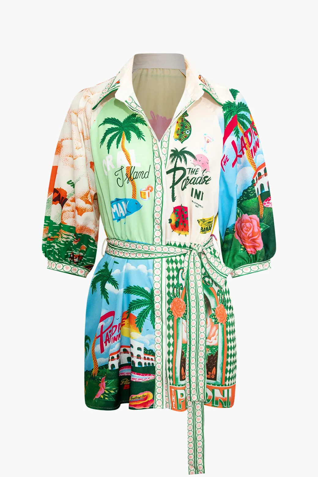 Tropical Print Belt Mini Dress