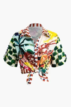 Tropical Print Tie Front Crop Shirt