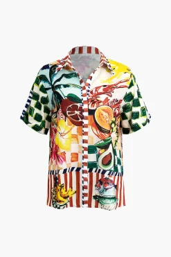 Tropical Print Tie Front Crop Shirt