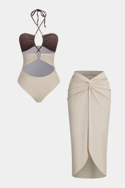Tummy Control Contrast Halter Cut Out Swimwear And Twist Cover Up Set