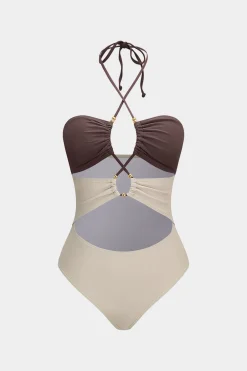 Tummy Control Contrast Halter Cut Out Swimwear And Twist Cover Up Set
