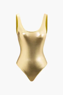 Tummy Control Metallic Round Neck One-piece Swimsuit