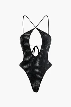 Tummy Control Rhinestone Embellished Tie Back One-Piece Swimsuit