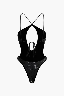 Tummy Control Rhinestone Embellished Tie Back One-Piece Swimsuit