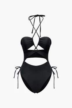 Tummy Control Solid Halter Tie Cut Out One-piece Swimsuit