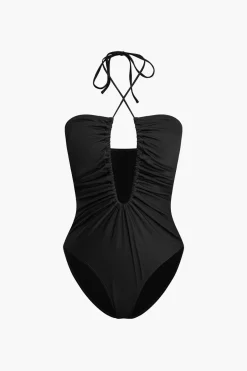 Tummy Control Tie Halter Ruched One-Piece Swimsuit
