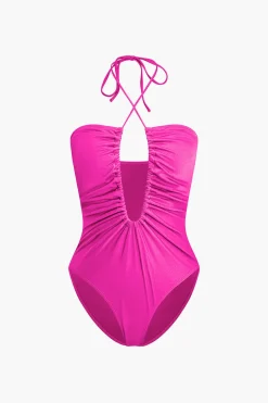 Tummy Control Tie Halter Ruched One-Piece Swimsuit