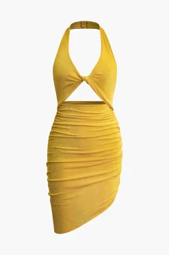Twist Halter Cut Out Backless V-neck Midi Dress