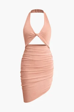 Twist Halter Cut Out Backless V-neck Midi Dress