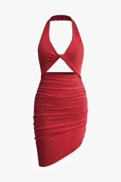 Twist Halter Cut Out Backless V-neck Midi Dress