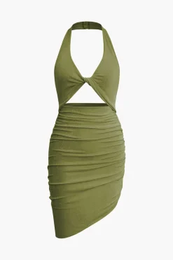 Twist Halter Cut Out Backless V-neck Midi Dress