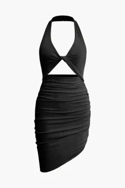Twist Halter Cut Out Backless V-neck Midi Dress