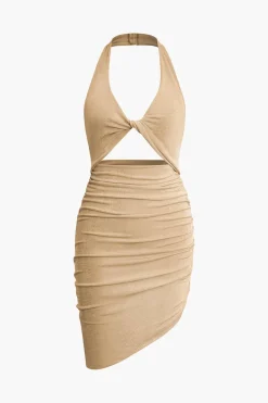 Twist Halter Cut Out Backless V-neck Midi Dress