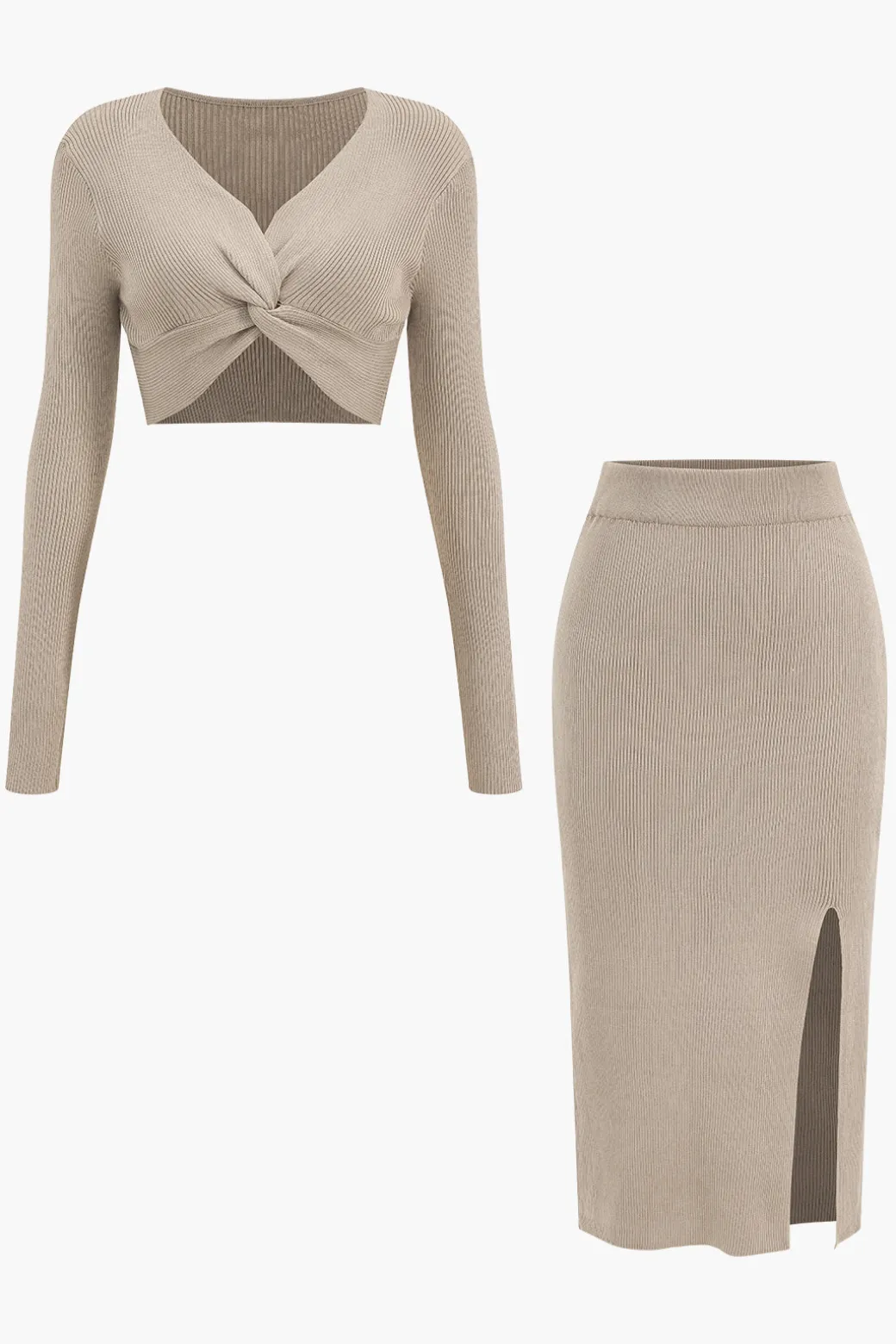 Twist Knot V-Neck Long-Sleeve Top And Side Slit Skirt Set