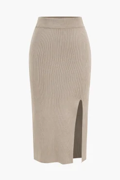 Twist Knot V-Neck Long-Sleeve Top And Side Slit Skirt Set