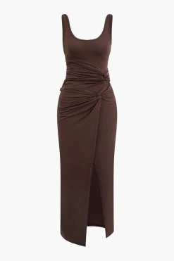 Twist Ruched Slit Sleeveless Midi Dress